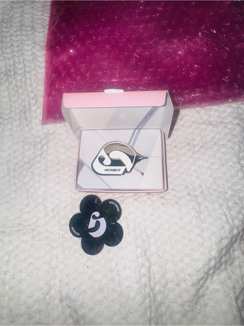 Glossier Member Logo Keychain collectors w makeup bag stickers.Nwt